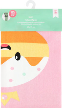 Różowy fartuch dziecięcy ze 100% bawełny z wizerunkiem słonia, w folii ochronnej, widok z przodu.