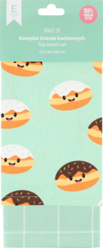 Zestaw ścierek kuchennych Tea Towel z miętowym tłem i wzorem w uśmiechnięte donuty, biała i czekoladowa polewa.