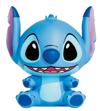 Niebieska figurka licencyjna Stitch, siedząca, z dużymi oczami, uśmiechem i charakterystycznymi uszami, typ squishy.