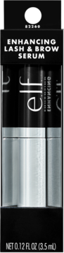 e.l.f. Enhancing Lash & Brow Serum w czarnym kartoniku, z widocznymi srebrnymi buteleczkami przez przezroczyste okienko.