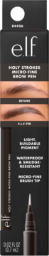 e.l.f. Holy Strokes Micro-Fine Brow Pen, ciemne opakowanie z wizualizacją brwi i mikro-cienką końcówką.