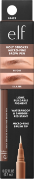 Opakowanie e.l.f. Holy Strokes Micro-Fine Brow Pen w brązowym odcieniu, z pędzelkiem i efektem na brwiach.