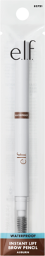 Wodoodporna kredka do brwi e.l.f. Instant Lift, odcień Auburn, dwustronna z pędzelkiem, w białym opakowaniu.