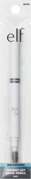 Wodoodporna kredka do brwi e.l.f. Instant Lift Grey, w białym opakowaniu z widoczną szczoteczką, pionowo.