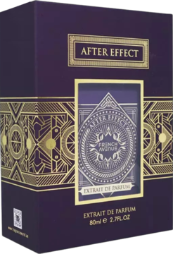 Pudełko French Avenue After Effect Extrait de Parfum 80ml, ciemnofioletowe ze złotymi wzorami Art Deco, widok pod kątem.