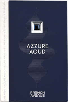 French Avenue Azzure Aoud woda perfumowana, ciemnoniebieskie pudełko z srebrnym emblematem, widok z przodu.