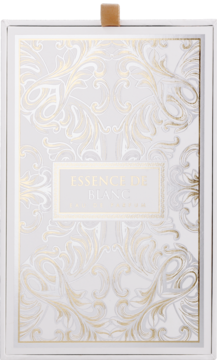 Białe pudełko perfum French Avenue Essence De Blanc ze złotym ornamentem i uchwytem, widok z przodu.