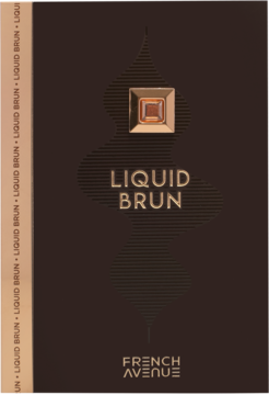 Ciemnobrązowa etykieta French Avenue Liquid Brun, złote logo, powtarzalny tekst z boku.