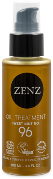 Zenz Oil Treatment Sweet Mint No. 96, olejek do włosów, złota butelka z czarną pompką i etykietą vegan, przód.