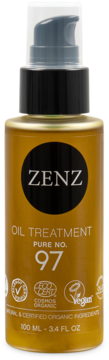 Zenz Oil Treatment Pure No. 97 w złotej butelce z czarną pompką, widok z przodu, organiczny i wegański.
