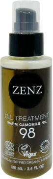 ZENZ Oil Treatment Warm Camomile No. 98, ciemnobrązowa butelka z pompką i czarną etykietą, widok z przodu.