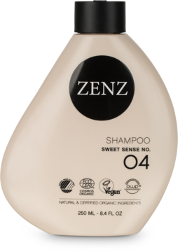 ZENZ SHAMPOO SWEET SENSE NO. 04, beżowa butelka z czarną pompką, widok z przodu, naturalny, wegański.