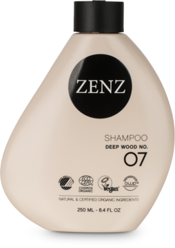 Zenz Deep Wood No. 07 naturalny szampon w beżowej butelce z czarną pompką, front, dla suchych włosów.