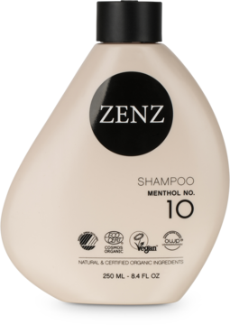 Zenz Menthol No. 10 organiczny szampon w beżowej butelce o nieregularnym kształcie, z czarną zakrętką, widok z przodu.