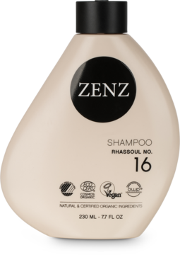 Zenz Rhassoul No. 16 szampon organiczny do włosów, beżowa butelka o nieregularnym kształcie z czarną pompką, 230ml.