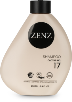 Szampon Zenz Cactus No. 17 w beżowej, organicznej butelce z czarnym korkiem, widok z przodu z etykietą ZENZ.