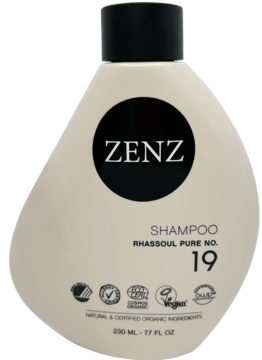 Szampon Zenz Rhassoul Pure No. 19 w beżowej, ergonomicznej butelce z czarną etykietą, widok z przodu.