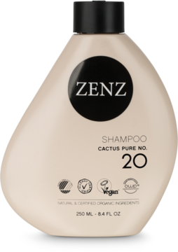 Szampon Zenz Cactus Pure No. 20 w beżowej, asymetrycznej butelce z czarną etykietą i logo, widok z przodu.
