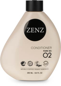 Zenz Conditioner Pure No. 02, beżowa butelka, czarne logo, widok z przodu. Hipoalergiczna odżywka z organicznym aloesem.