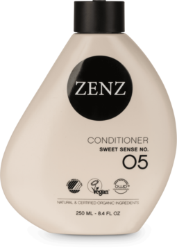 Odżywka Zenz Sweet Sense No. 05, beżowa butelka z czarną pompką, widok z przodu z logo ZENZ.
