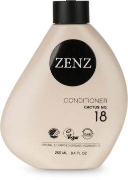 Zenz Conditioner Cactus No. 18, beżowa butelka o organicznym kształcie, widok z przodu, z czarną zakrętką, wegańska odżywka nawilżająca.