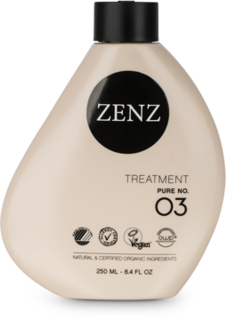 ZENZ Treatment Pure No. 03, bezzapachowa wegańska kuracja proteinowa w beżowej butelce, widoczny napis Vegan.