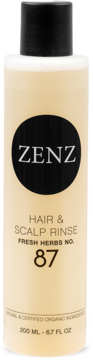 Zenz Hair & Scalp Rinse Fresh Herbs No. 87, beżowa butelka z czarną etykietą, widok z przodu.
