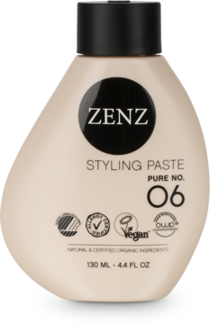 ZENZ Pure No. 06, beżowa butelka pasty do stylizacji włosów, wegańska, dodaje tekstury, widok z przodu.