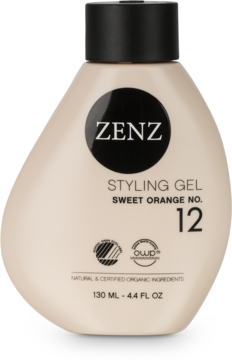 Żel do włosów Zenz Sweet Orange No.12 w beżowej butelce z czarnym napisem, widok z przodu.