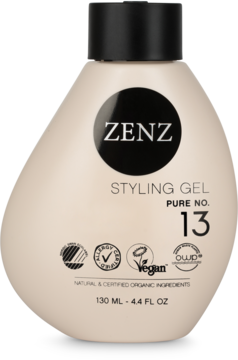 Zenz Pure No.13 Styling Gel, jasnobeżowa butelka z czarną nakrętką, widok z przodu. Wegański, organiczny.