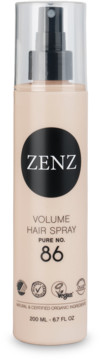 Beżowy spray Zenz Pure No. 86 Volume Hair Spray, widok z przodu, z czarną etykietą i przezroczystym korkiem.