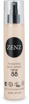 Zenz Pure No. 88 Finishing Hair Spray w beżowej butelce z czarnym logo, widok z przodu, przezroczysta pompka.