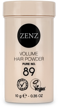 Puder do włosów zwiększający objętość Zenz Pure No. 89, jasnobeżowe cylindryczne opakowanie, widok z przodu.