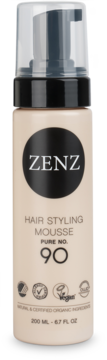 Beżowa butelka Zenz Hair Styling Mousse Pure No. 90 z czarną pompką i logo ZENZ, widok z przodu.