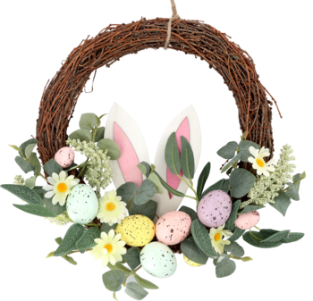 Wianek wielkanocny z gałęzi, z białymi uszami królika, pastelowymi jajkami i zielonymi liśćmi, widok z przodu.