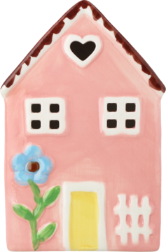 Różowy ceramiczny domek dekoracyjny z brązowym dachem i czarnym sercem, oknami, żółtymi drzwiami, błękitnym kwiatem.