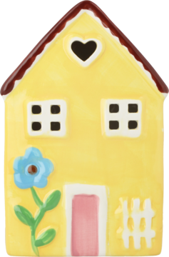 Żółta ceramiczna ozdoba domek, z różowymi drzwiami, błękitnym kwiatem, białym płotkiem i sercem na dachu, widok z przodu.
