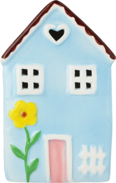 Jasnoniebieski ceramiczny domek dekoracyjny z brązowym dachem, sercem, białymi oknami, różowymi drzwiami i żółtym kwiatem.