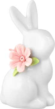 Biały ceramiczny królik wielkanocny, ozdobiony różowym kwiatem i zielonymi liśćmi, błyszczący, widok z boku.