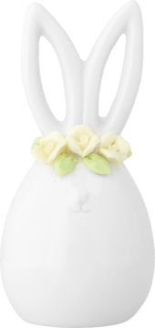 Biała ceramiczna figurka zajączka wielkanocnego z długimi uszami, wieńcem z bladożółtych róż, widok z przodu.