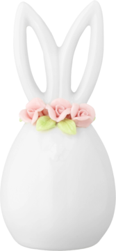 Gładki, biały ceramiczny zajączek wielkanocny z dekoracją z różowych róż i zielonych listków, widok frontalny.