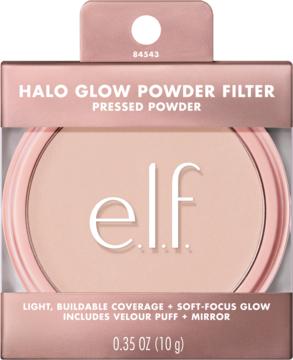 Puder prasowany e.l.f. Halo Glow Fair Neutral Cool w różowo-złotym opakowaniu z pufką i lusterkiem, widok z przodu.