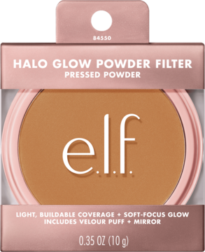 Puder prasowany e.l.f. Halo Glow, odcień Tan Neutral Warm. W różowo-złotym opakowaniu, widok z przodu.