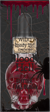 WIBO Bloody Hell Glitter Fake Blood w butelce w kształcie czaszki, z czarną zakrętką i etykietą, na tle pajęczyn.