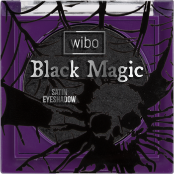 Wibo Black Magic Satin Eyeshadow w kwadratowym purpurowym opakowaniu z czarno-srebrną etykietą i grafiką pajęczyny, widok z góry.