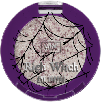 Okrągły fioletowy cień Vibe Rich Witch w otwartym kompakcie, z brokatem i czarną pajęczyną na powierzchni.