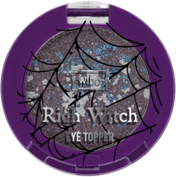 Widow Rich Witch Eye Topper, fioletowo-szary brokatowy cień w okrągłej kasetce z pajęczyną, widok z góry.