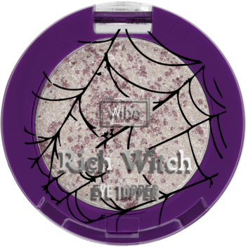 Brokatowy topper do powiek Wibo Rich Witch w fioletowym, okrągłym opakowaniu z pajęczyną i efektem mokrej tafli.