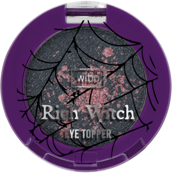 Wibo Rich Witch EYE TOPPER, ciemny cień z różowym brokatem i czarną pajęczyną w fioletowym kompaktu.