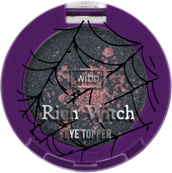 Wibo Rich Witch brokatowy topper do powiek, fioletowy kompakt z pajęczyną, czarno-różowy z połyskiem, widok z góry.